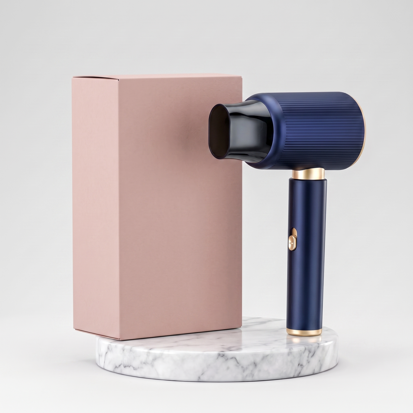 Navy blue high-speed hair dryer with plain pink retail box