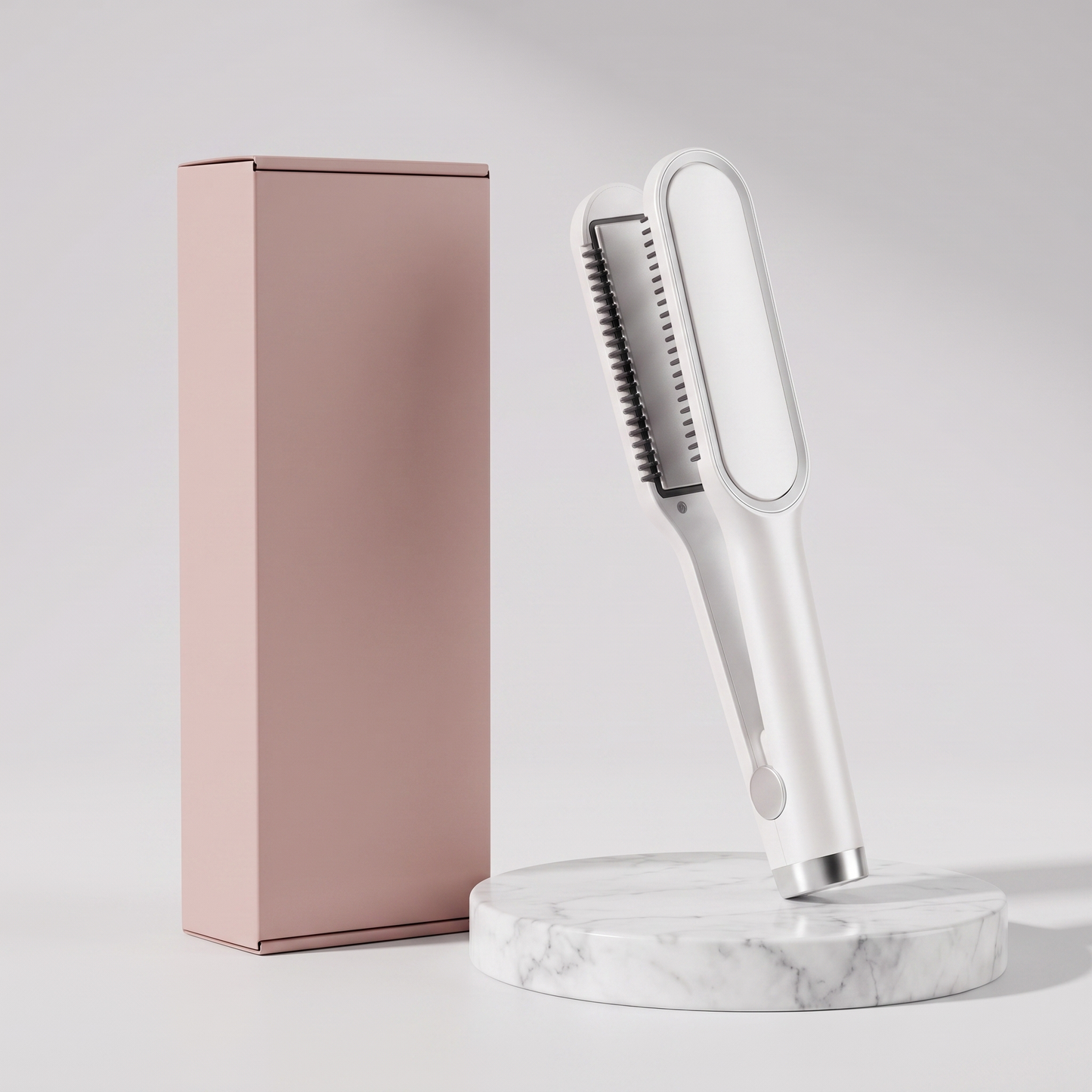 2-in-1 ceramic hair straightener brush with plain pink retail box