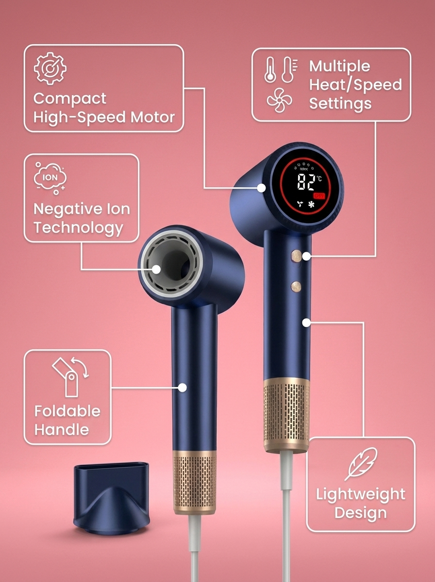 Portable Negative Ion Hair Dryer - infographic