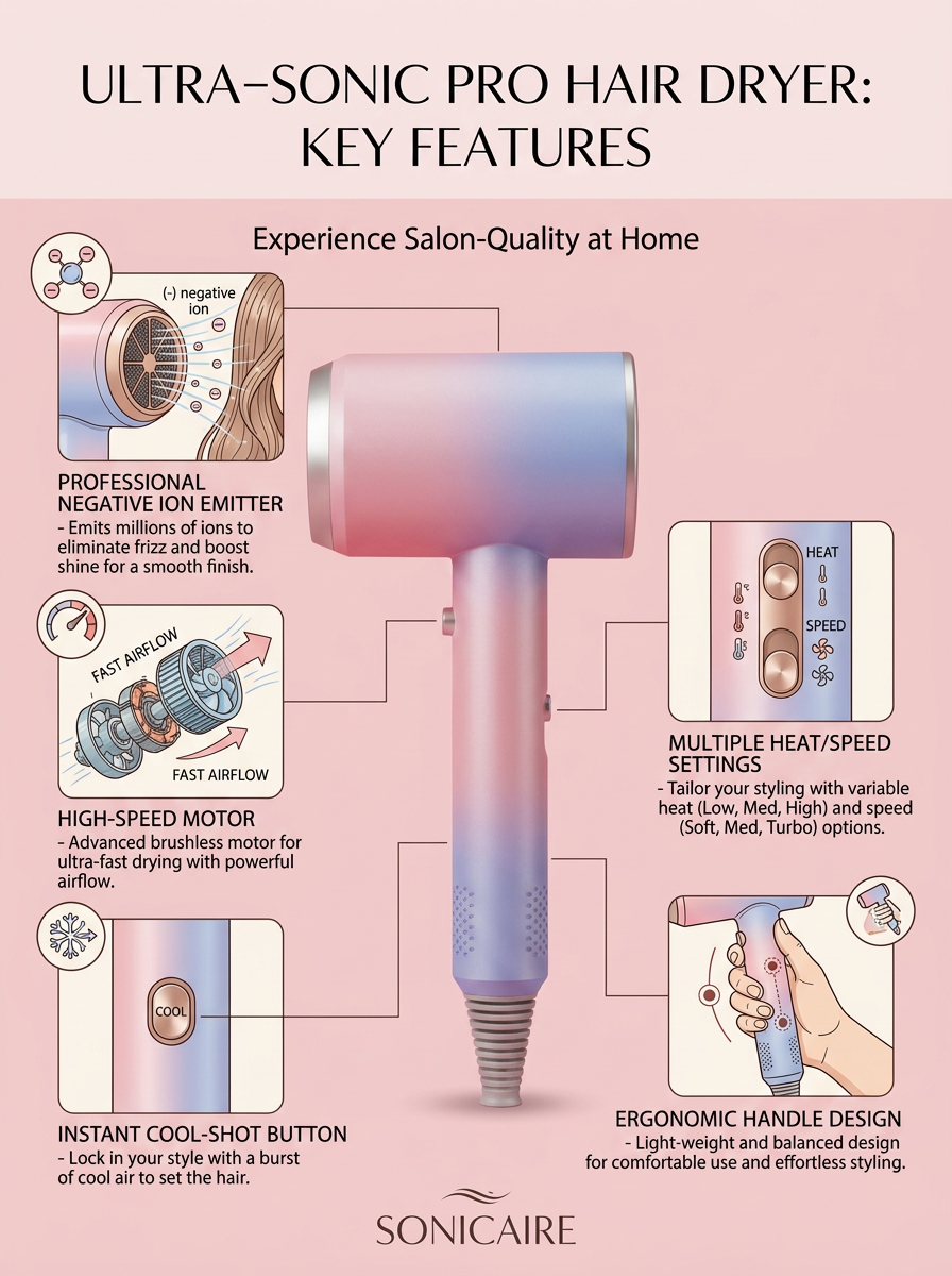 Professional Negative Ion Hair Dryer - infographic