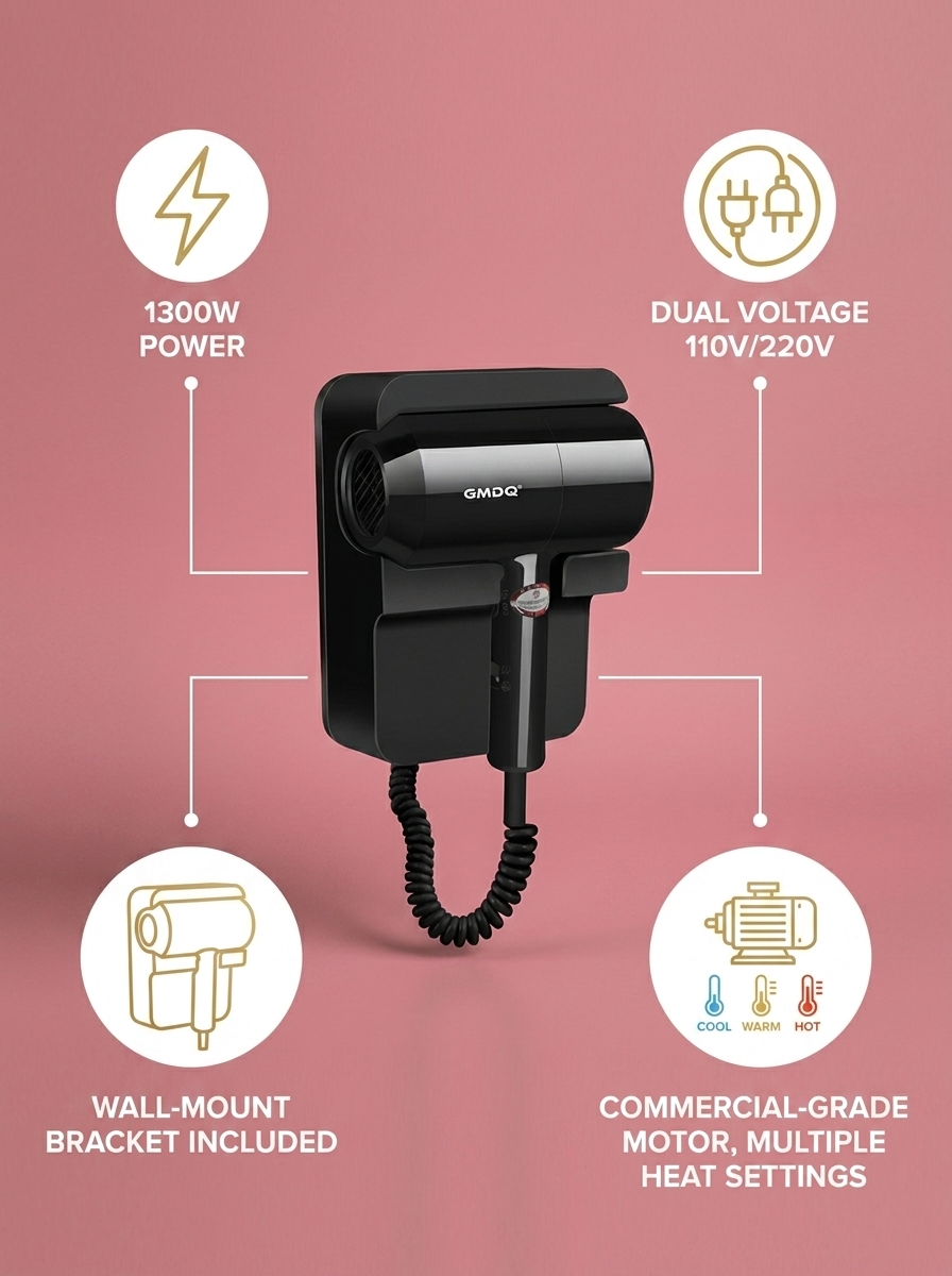 Wall-Mounted Hair Dryer 1300W 110V/220V - infographic