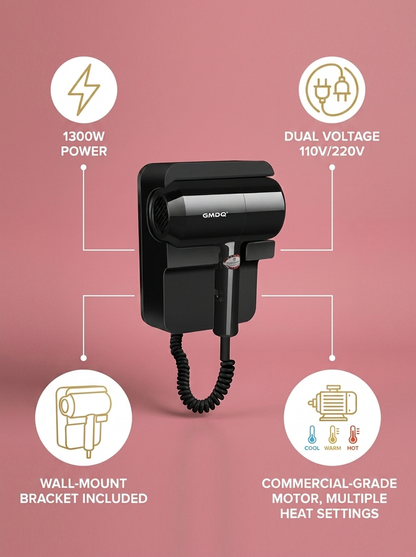 Wall-Mounted Hair Dryer 1300W 110V/220V - infographic
