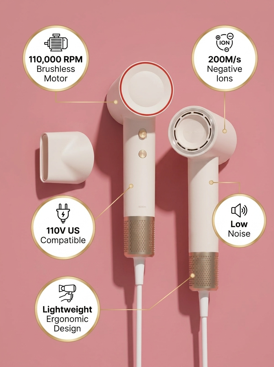DOCO LAB High-Speed Hair Dryer 110V - infographic