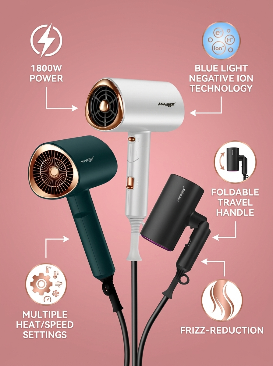 Foldable Hair Dryer 1800W Blue Light - infographic