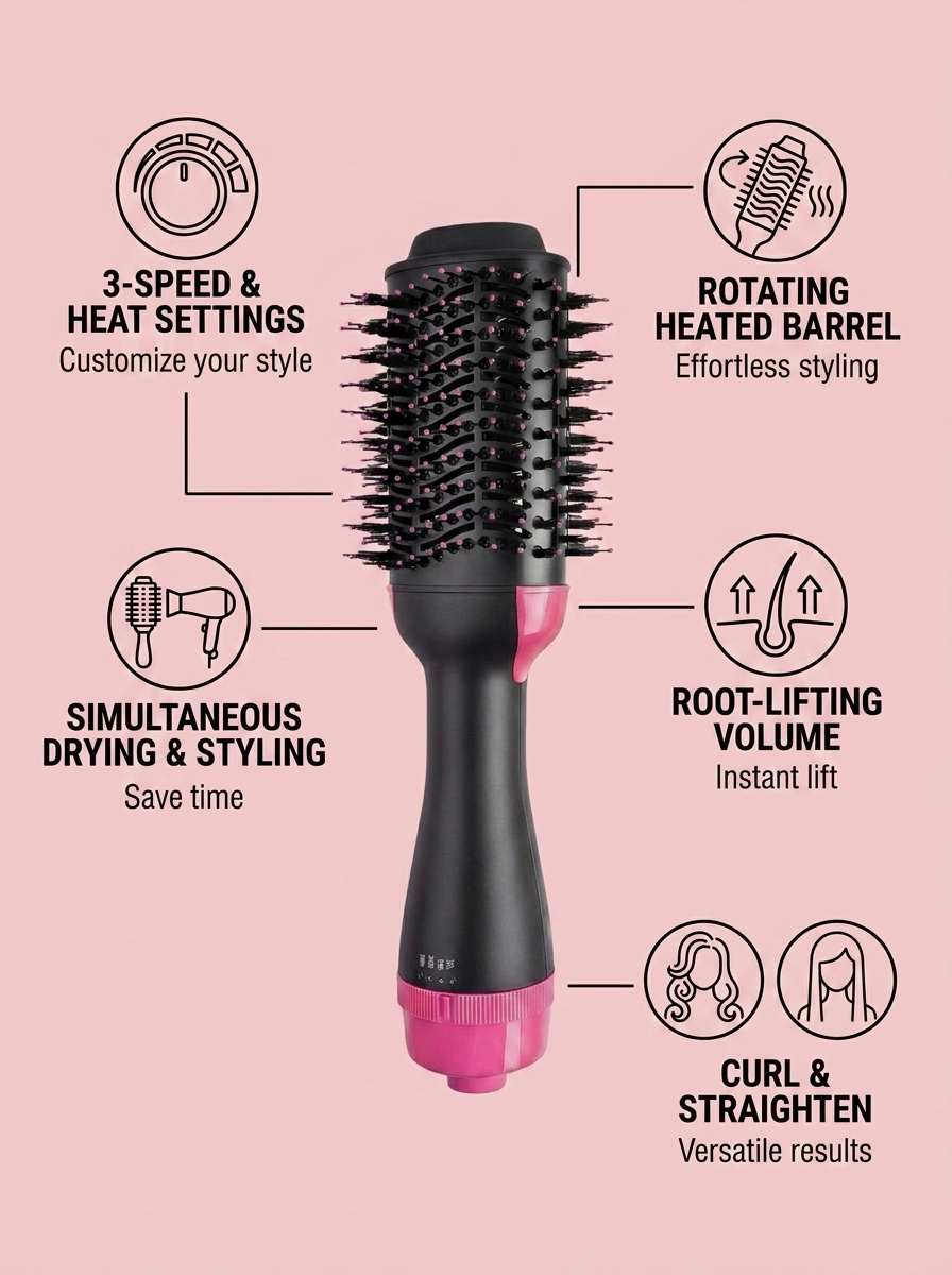 BLUTOOL Hot Air Brush Hair Dryer - infographic