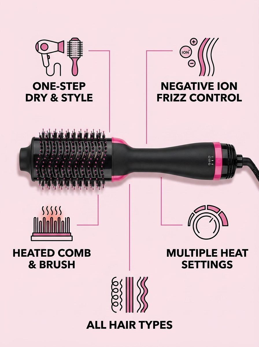 One-Step Hair Dryer Brush & Comb - infographic