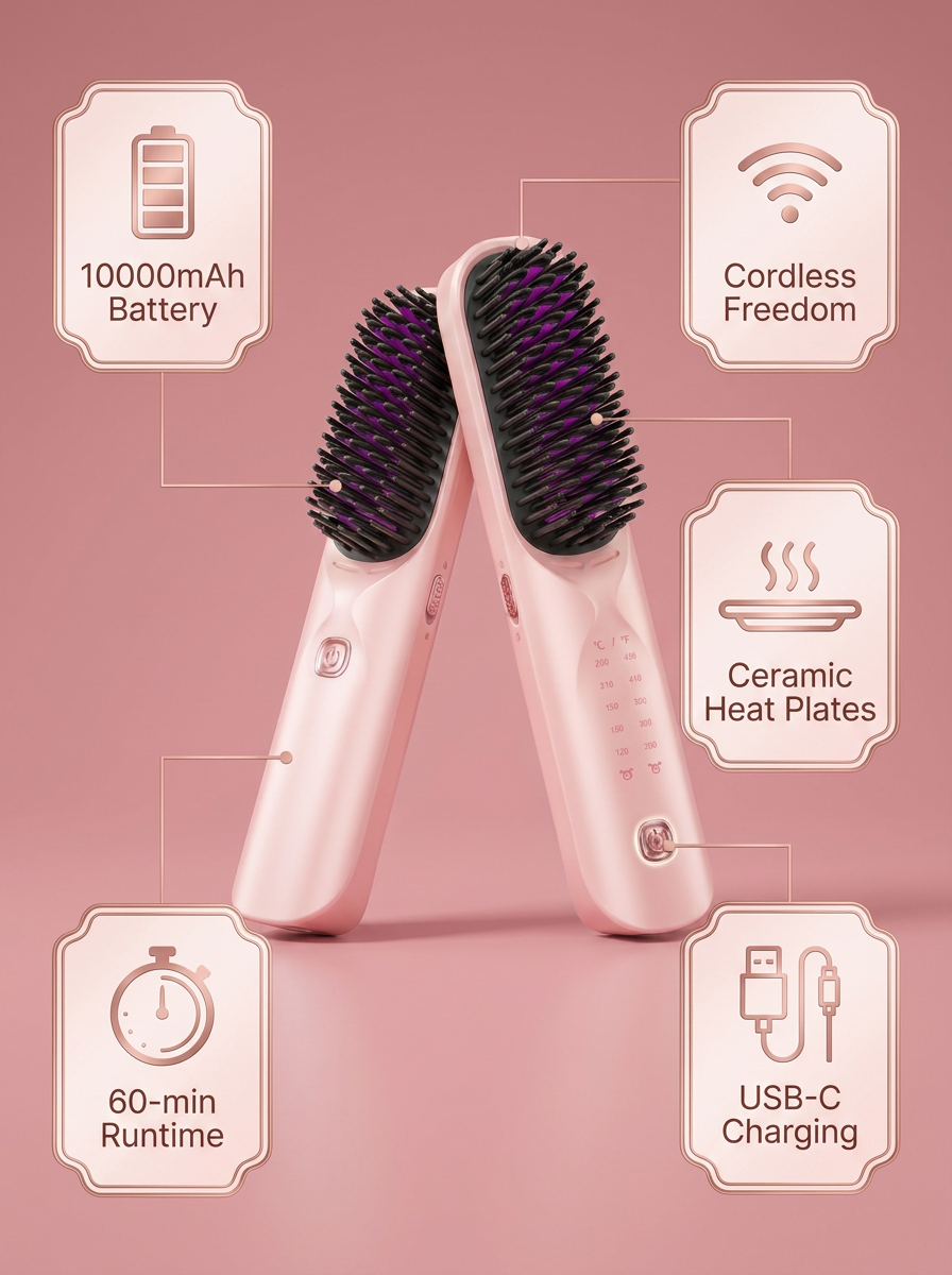 Cordless Hair Straightener Brush 10000mAh - infographic
