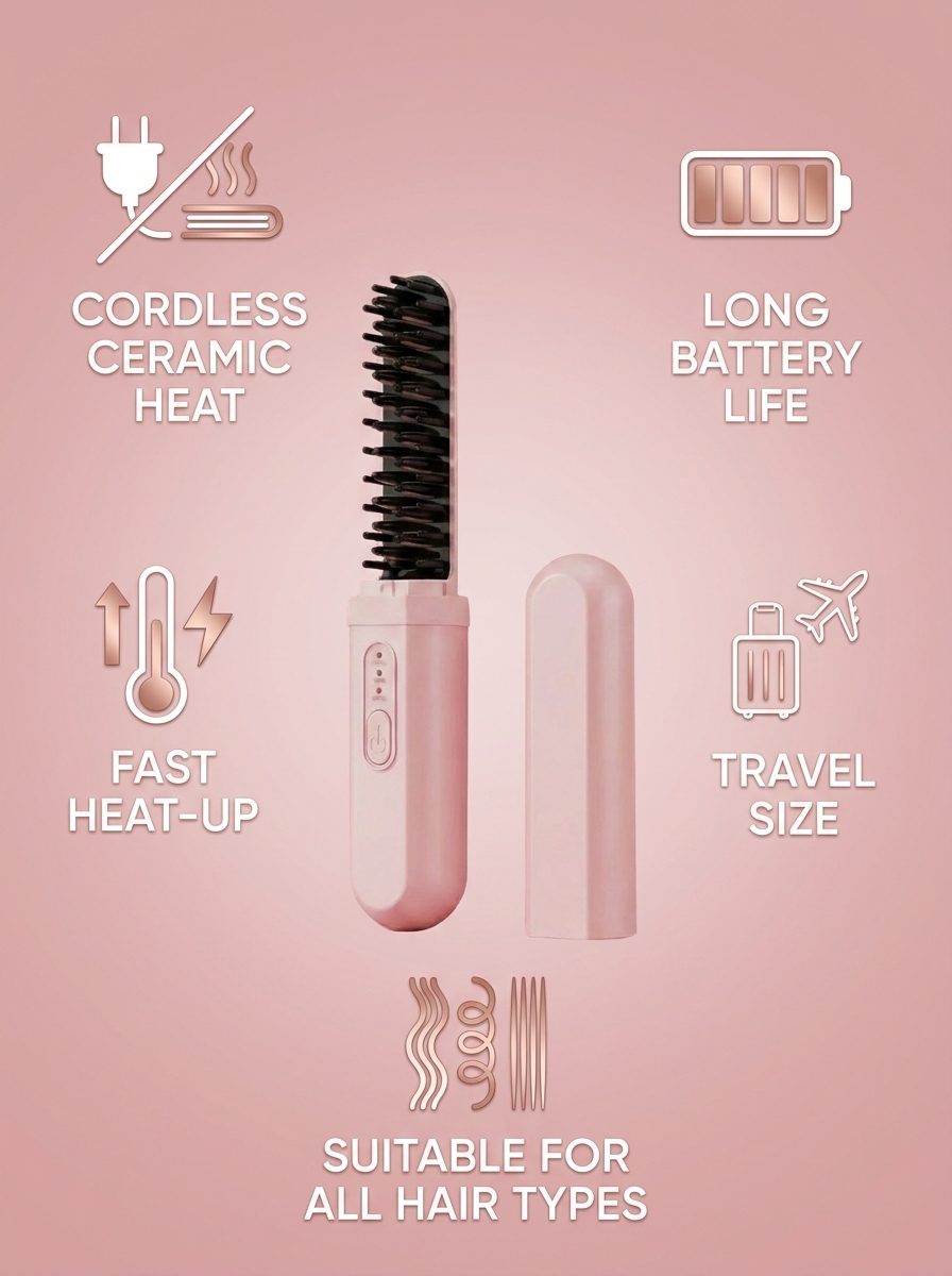 Cordless Ceramic Hair Straightener Brush - infographic