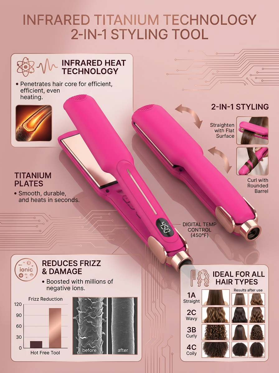 Rosétek Infrared Titanium Flat Iron 2-in-1 - infographic