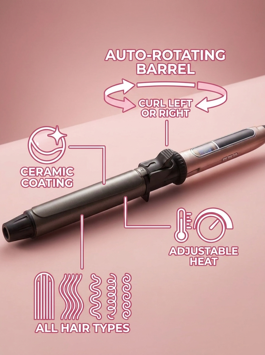 Rosétek Professional Rotating Curling Iron - infographic