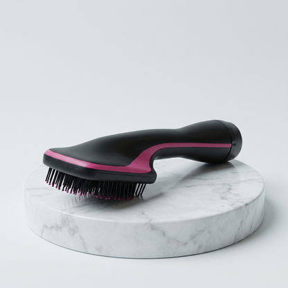 One-Step Hair Dryer Brush and Comb, black with pink accent, on a marble pedestal