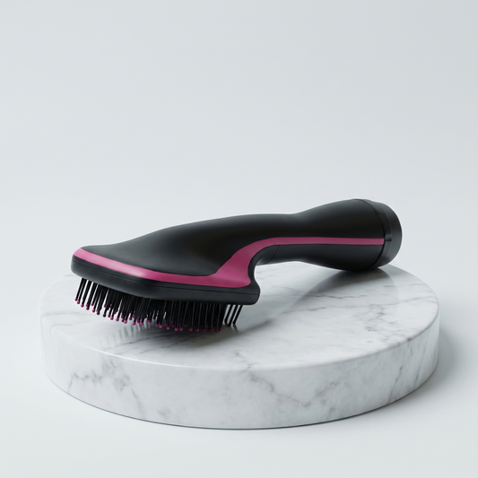 One-Step Hair Dryer Brush and Comb, black with pink accent, on a marble pedestal