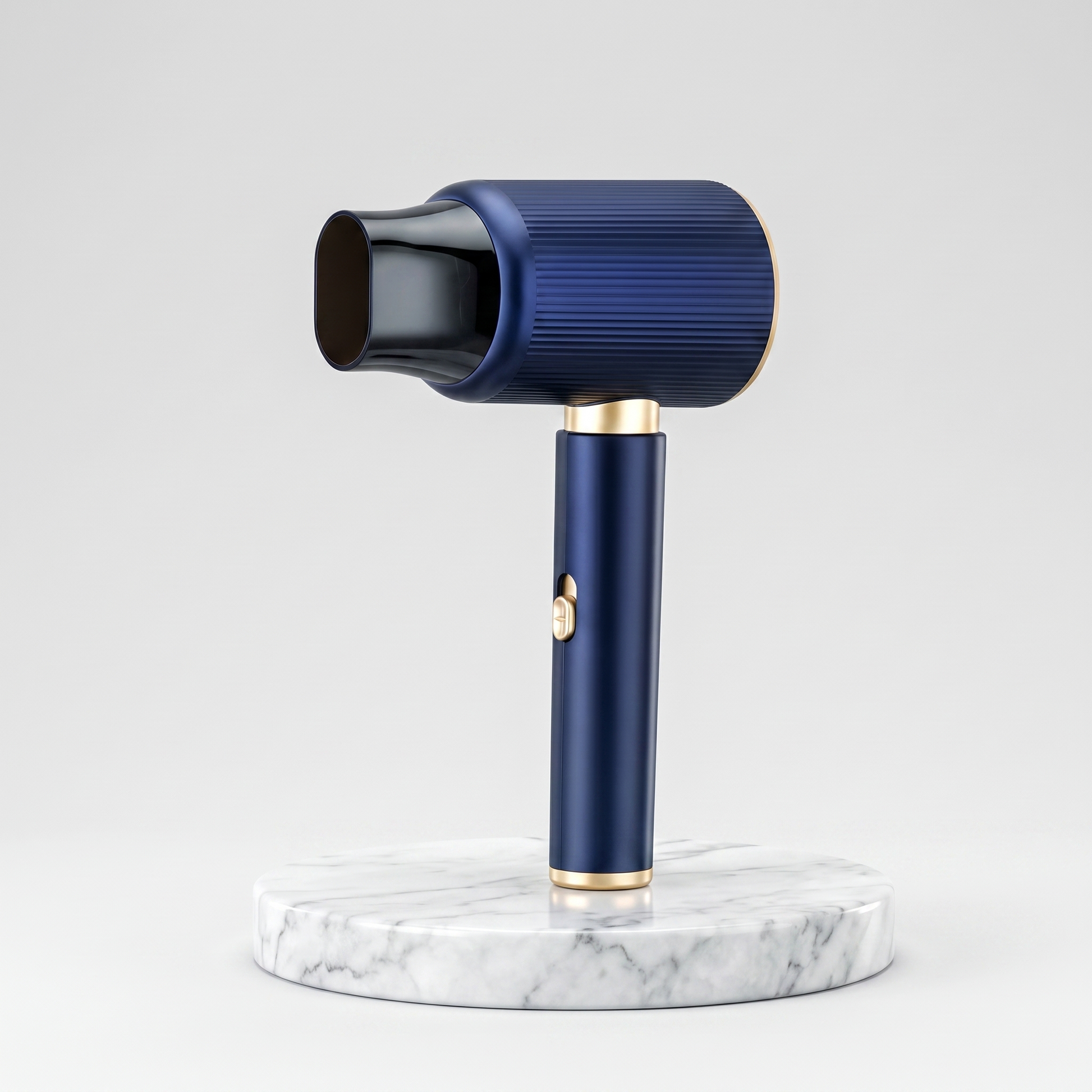 Lenovo C4 high-speed hair dryer in navy blue with gold accents on a marble pedestal