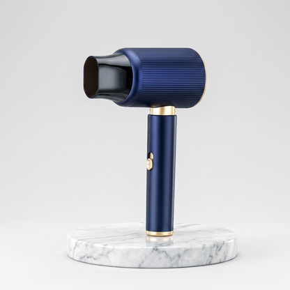Lenovo C4 high-speed hair dryer in navy blue with gold accents on a marble pedestal