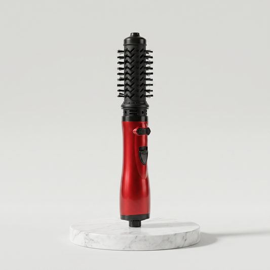 Rotating hot air brush hair styler in red on a marble pedestal