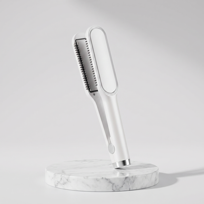 2-in-1 ceramic hair straightener brush in white on a marble pedestal