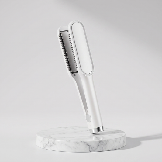 2-in-1 ceramic hair straightener brush in white on a marble pedestal