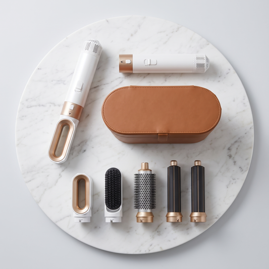 5-in-1 hair styler set with attachments and storage case on marble