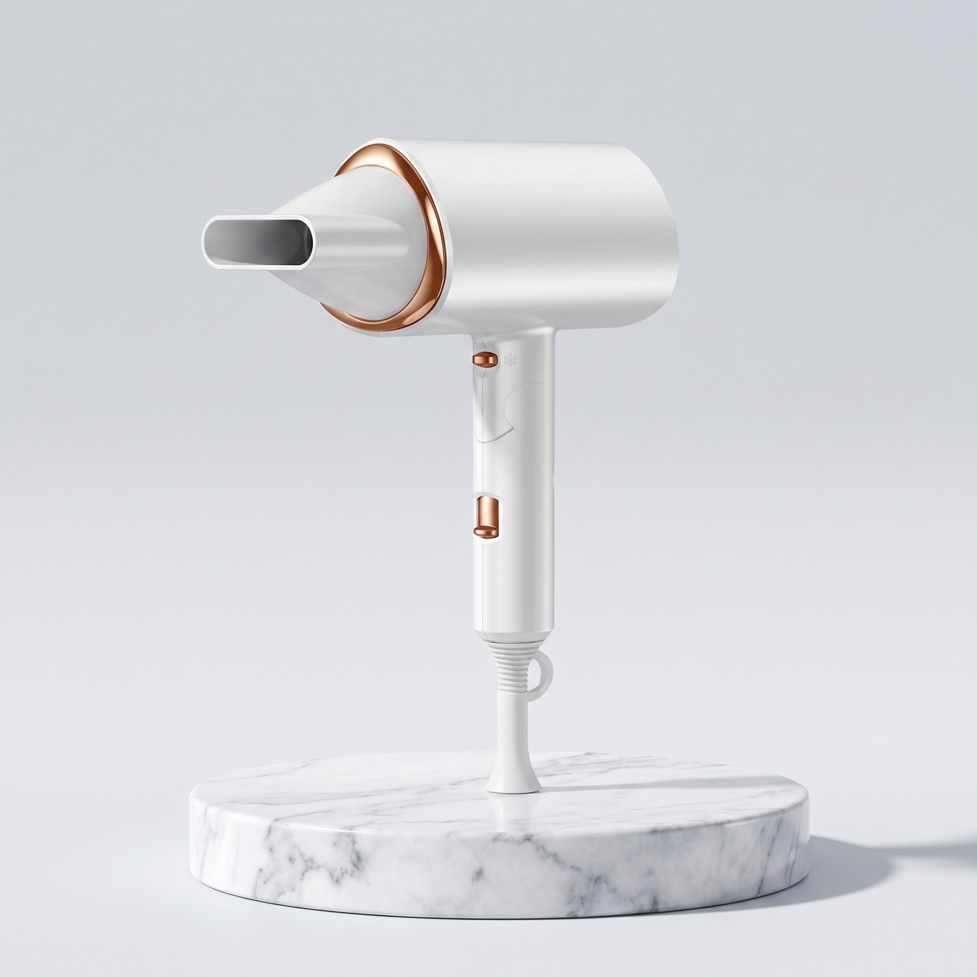 Foldable 1800W hair dryer in white with rose gold accents on a marble pedestal