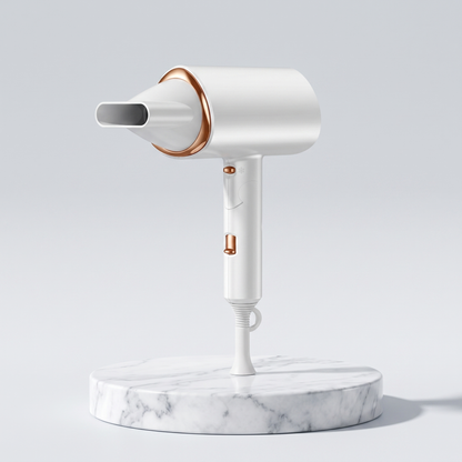 Foldable 1800W hair dryer in white with rose gold accents on a marble pedestal