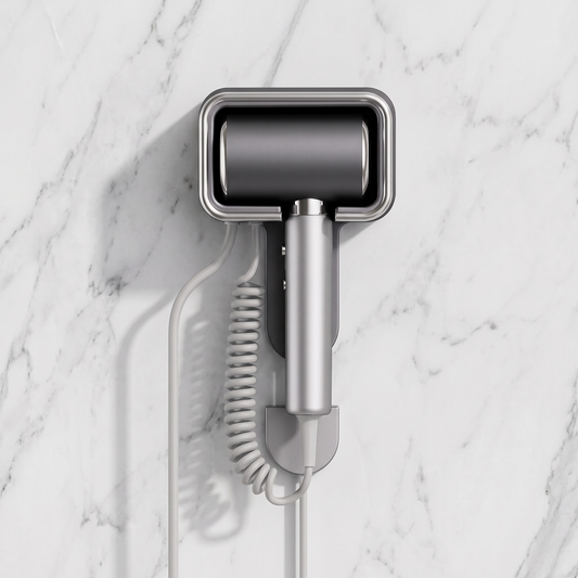 Wall-mounted hotel hair dryer in grey and silver mounted on a marble wall