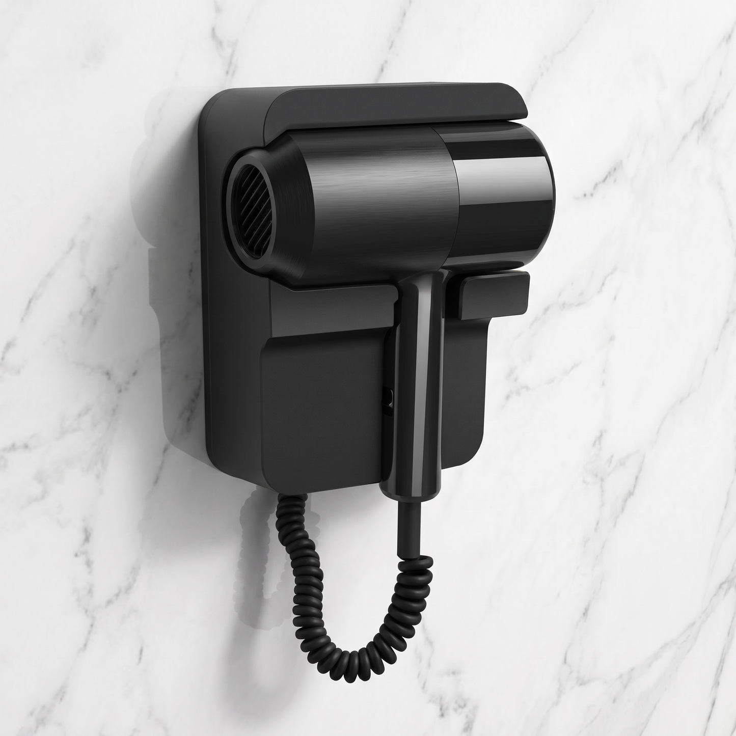 Black wall-mounted hair dryer with coiled cord mounted on a marble wall