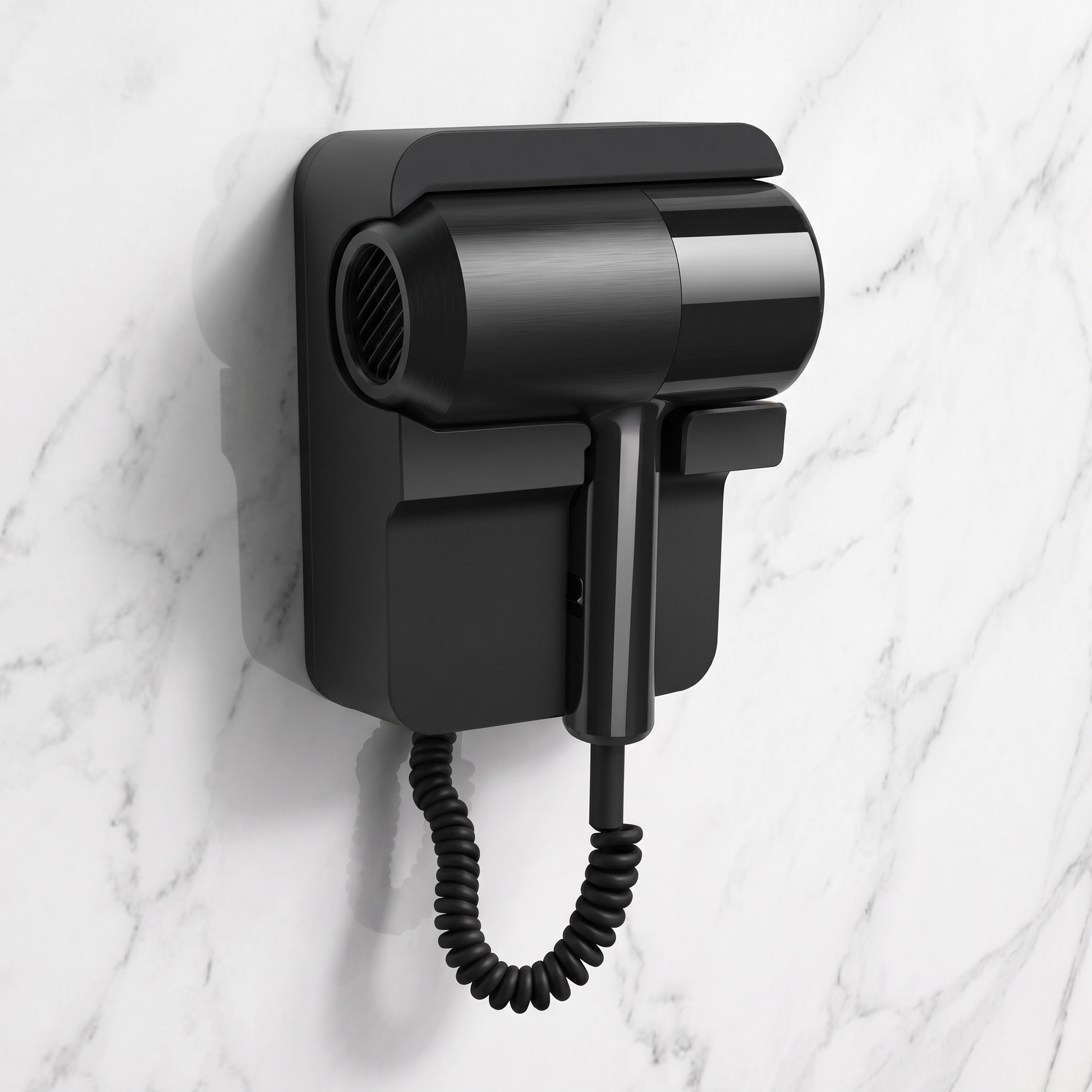 Black wall-mounted hair dryer with coiled cord mounted on a marble wall