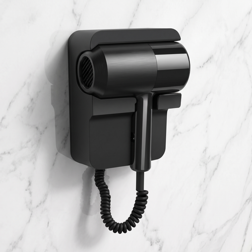 Black wall-mounted hair dryer with coiled cord mounted on a marble wall