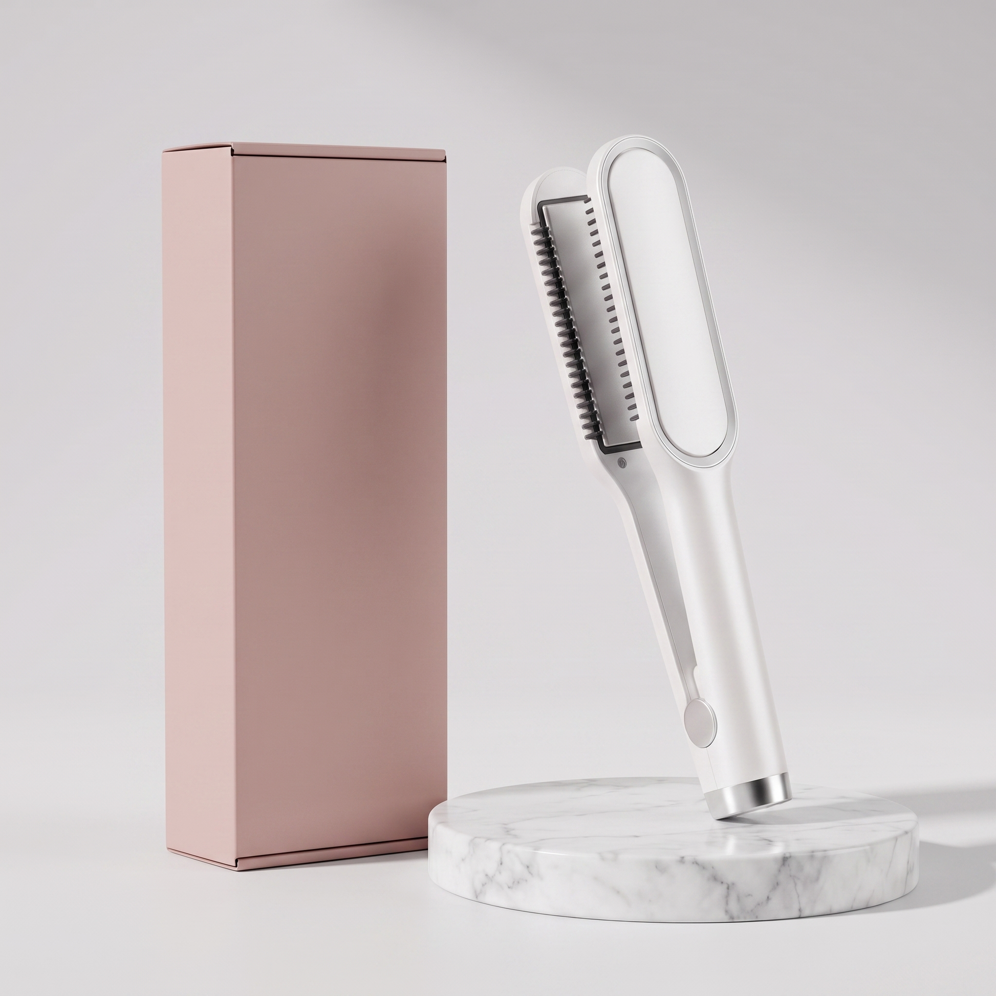 2-in-1 ceramic hair straightener brush with plain pink retail box