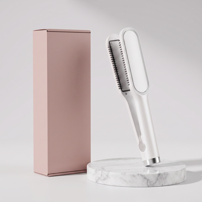 2-in-1 ceramic hair straightener brush with plain pink retail box