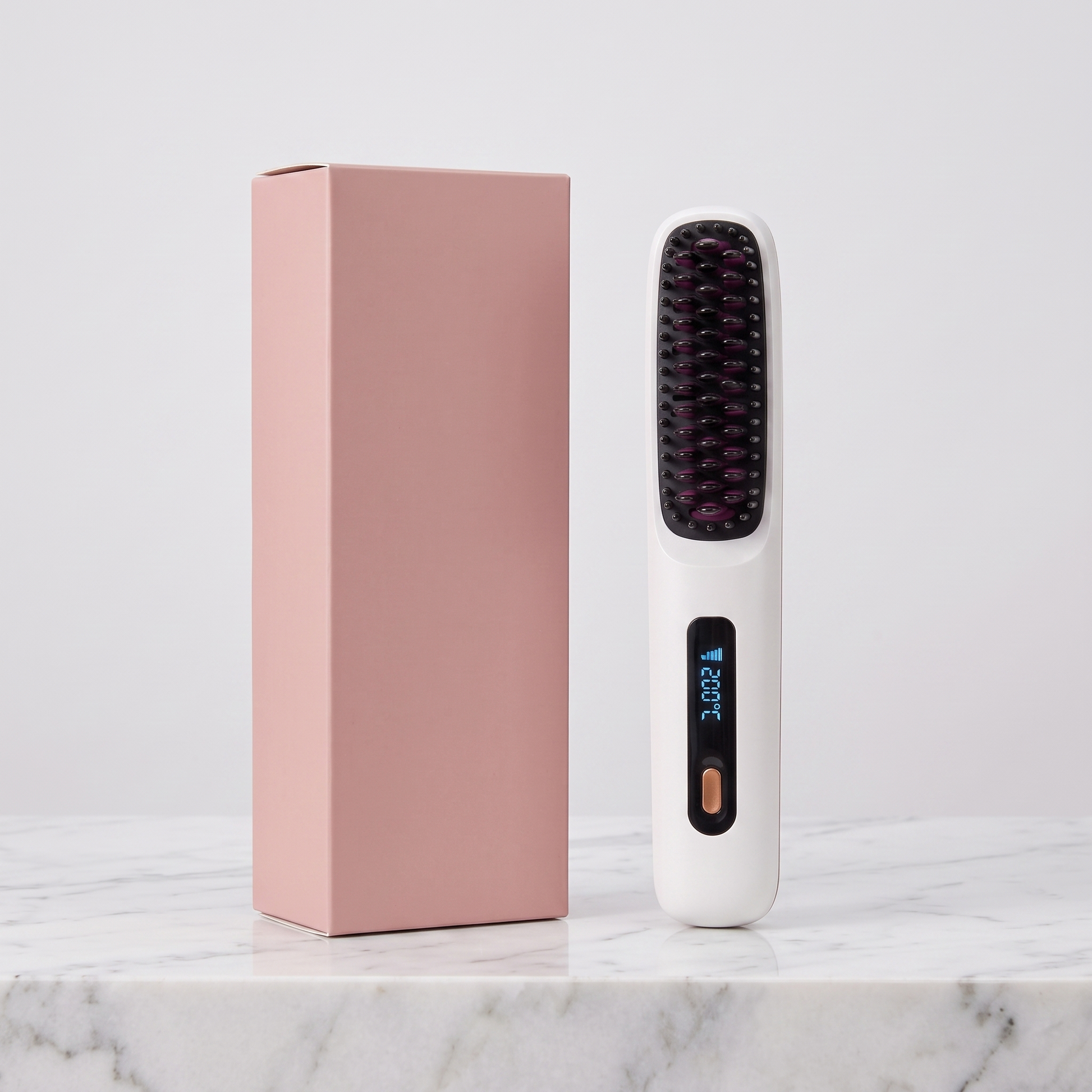 Cordless hair straightener brush with plain pink retail box