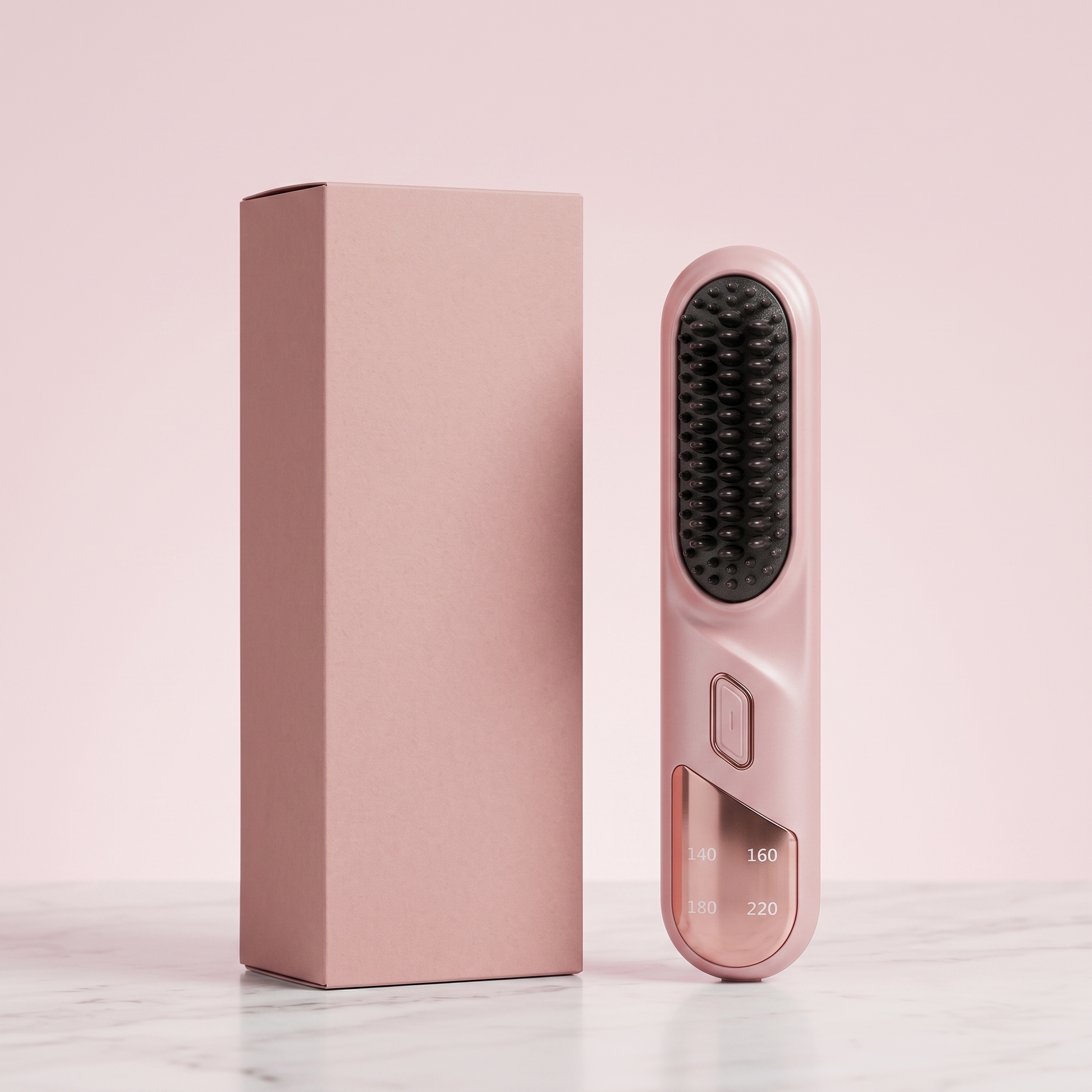 Cordless beard straightener brush with plain pink retail box