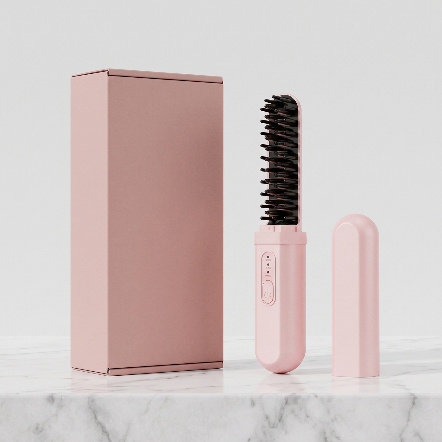 Cordless ceramic hair straightener brush with plain pink retail box
