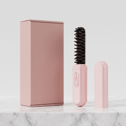 Cordless ceramic hair straightener brush with plain pink retail box