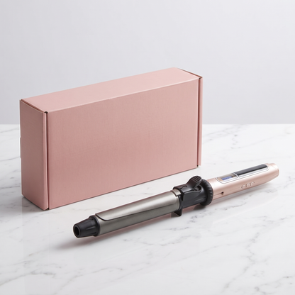 Professional rotating curling iron with plain pink retail box